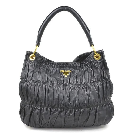 PRADA Shoulder Bag Black Leather/Goldtone - - Picture 1 of 14
